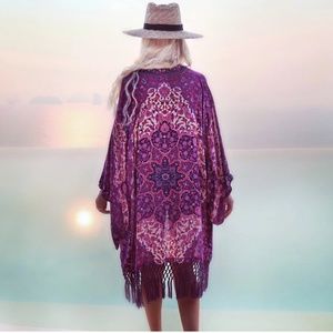 Fuchsia Pink Tassel Boho Kimono Cover up Swim